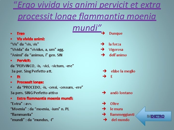 “Ergo vivida vis animi pervicit et extra processit longe flammantia moenia mundi” Dunque “Vis”