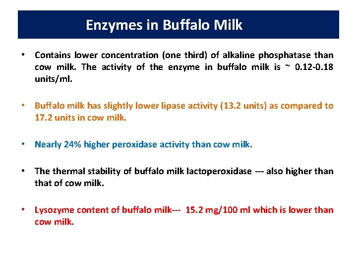 Enzymes in Buffalo Milkmilk • Contains lower concentration (one third) of alkaline phosphatase than