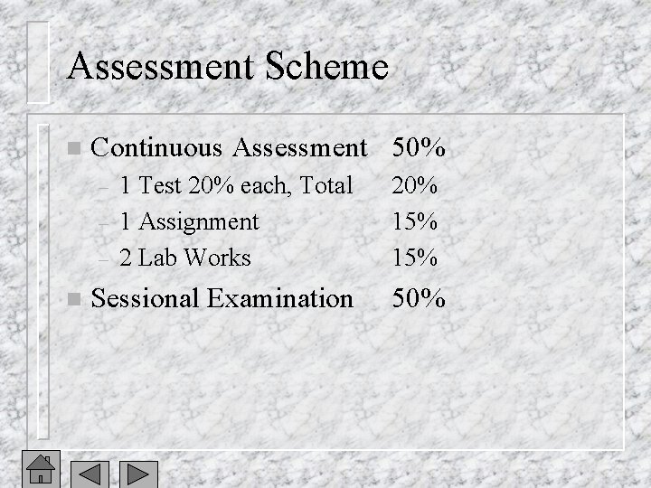 Assessment Scheme n Continuous Assessment 50% 1 Test 20% each, Total 1 Assignment 2