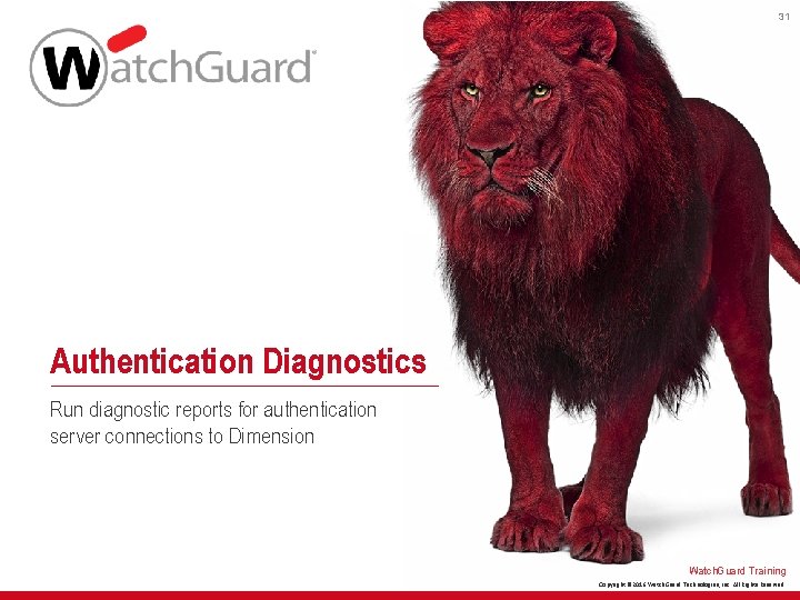 31 Authentication Diagnostics Run diagnostic reports for authentication server connections to Dimension Watch. Guard