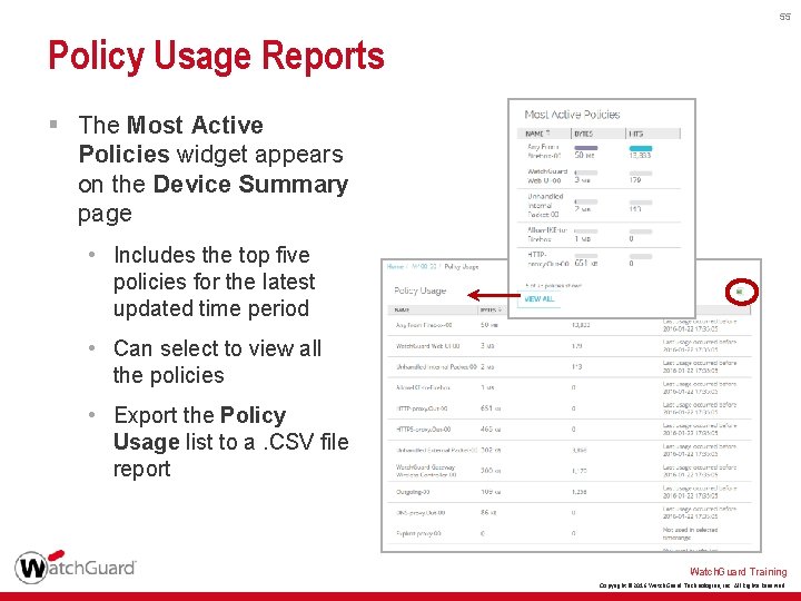 55 Policy Usage Reports § The Most Active Policies widget appears on the Device