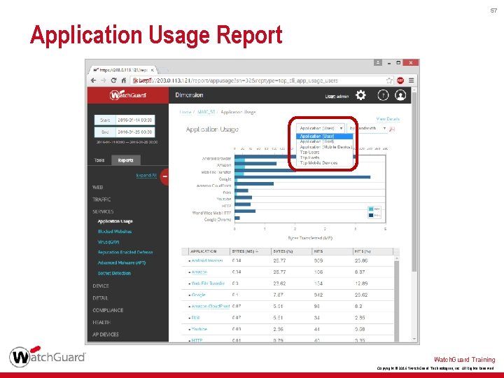 57 Application Usage Report Watch. Guard Training Copyright © 2016 Watch. Guard Technologies, Inc.