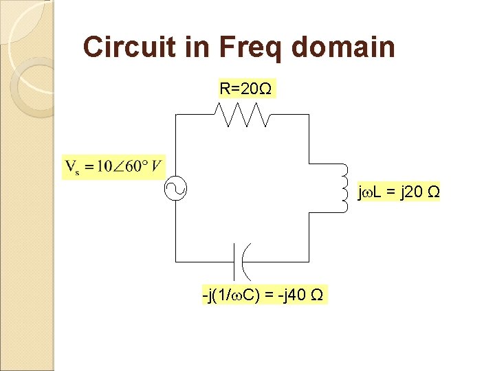 Circuit in Freq domain R=20Ω j L = j 20 Ω -j(1/ C) =