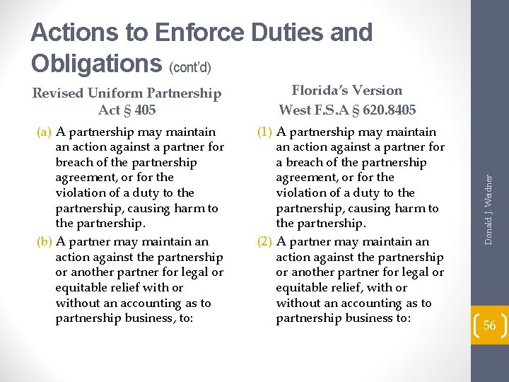 Actions to Enforce Duties and Obligations (cont’d) (a) A partnership may maintain an action