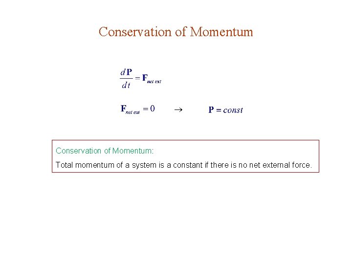 Conservation of Momentum: Total momentum of a system is a constant if there is