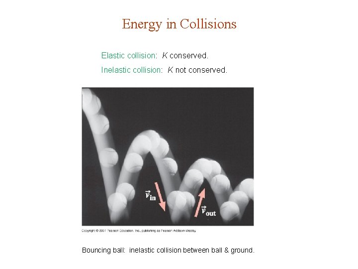 Energy in Collisions Elastic collision: K conserved. Inelastic collision: K not conserved. Bouncing ball: