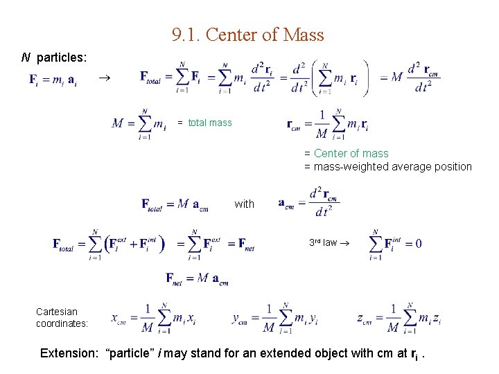 9. 1. Center of Mass N particles: = total mass = Center of mass