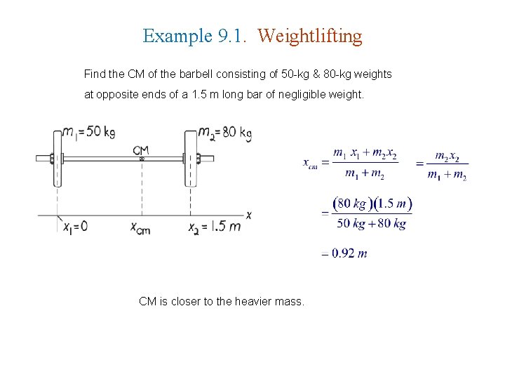 Example 9. 1. Weightlifting Find the CM of the barbell consisting of 50 -kg