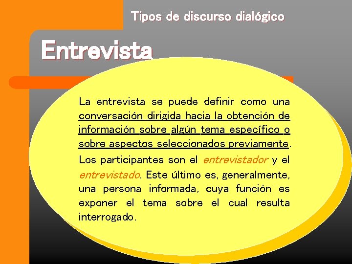 Tipos de discurso dialógico Entrevista La entrevista se puede definir como una conversación dirigida