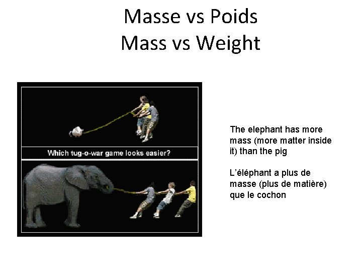 Masse vs Poids Mass vs Weight The elephant has more mass (more matter inside