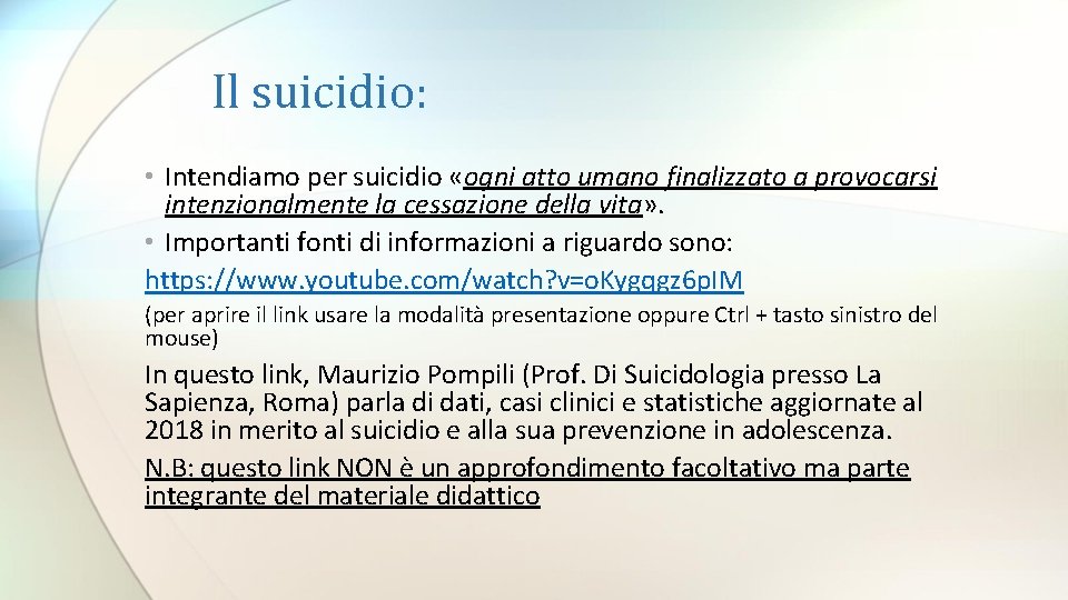 Il suicidio: • Intendiamo per suicidio «ogni atto umano finalizzato a provocarsi intenzionalmente la