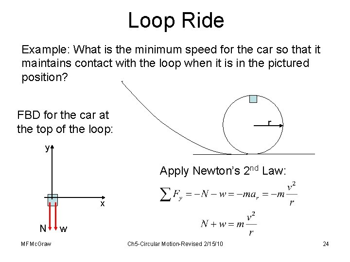 Loop Ride Example: What is the minimum speed for the car so that it