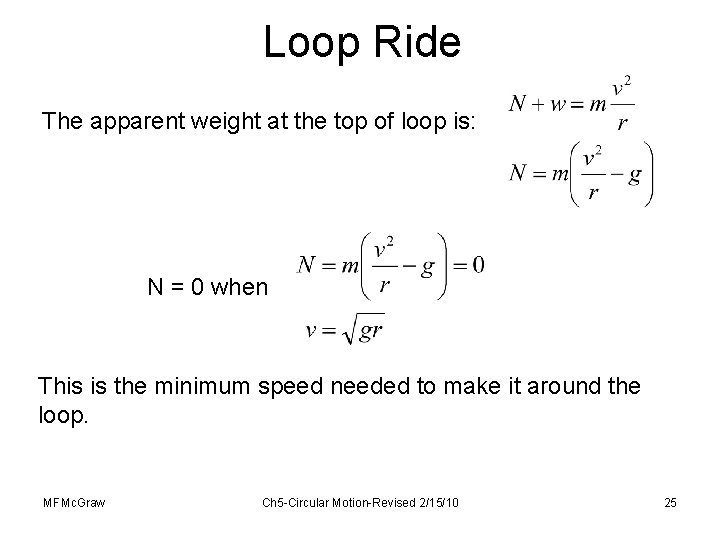 Loop Ride The apparent weight at the top of loop is: N = 0