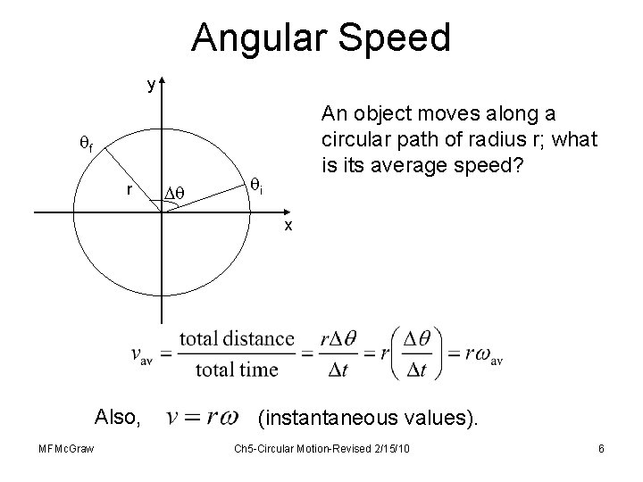 Angular Speed y An object moves along a circular path of radius r; what