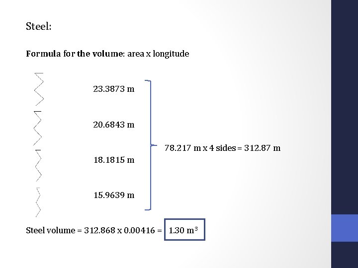 Steel: Formula for the volume: area x longitude 23. 3873 m 20. 6843 m