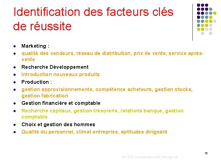 Identification des facteurs clés de réussite l l l l l Marketing : qualité