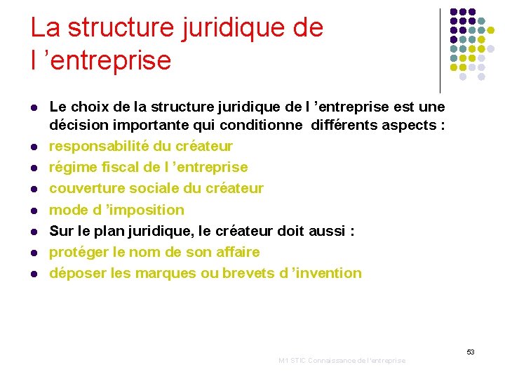 La structure juridique de l ’entreprise l l l l Le choix de la