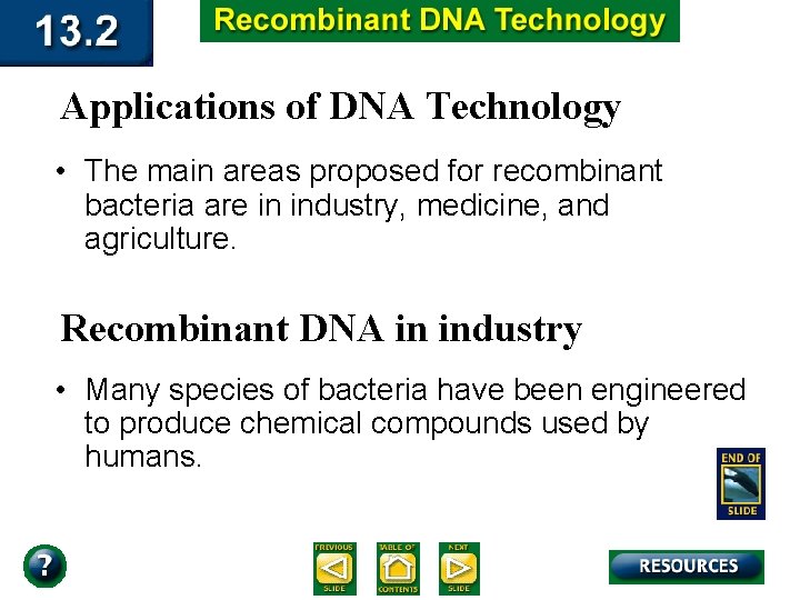 Applications of DNA Technology • The main areas proposed for recombinant bacteria are in