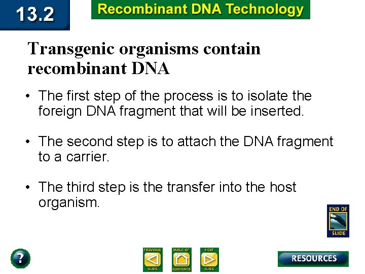 Transgenic organisms contain recombinant DNA • The first step of the process is to