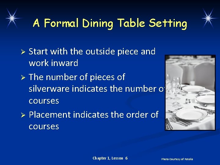 A Formal Dining Table Setting Start with the outside piece and work inward Ø