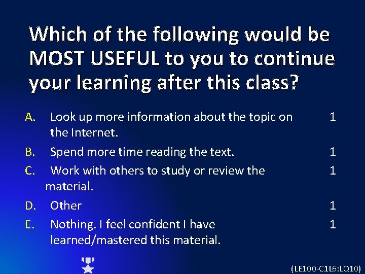 Which of the following would be MOST USEFUL to you to continue your learning