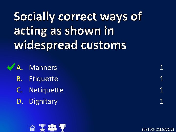 Socially correct ways of acting as shown in widespread customs A. B. C. D.