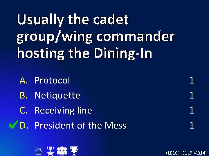 Usually the cadet group/wing commander hosting the Dining-In A. B. C. D. Protocol Netiquette