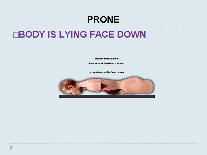 PRONE �BODY IS LYING FACE DOWN 
