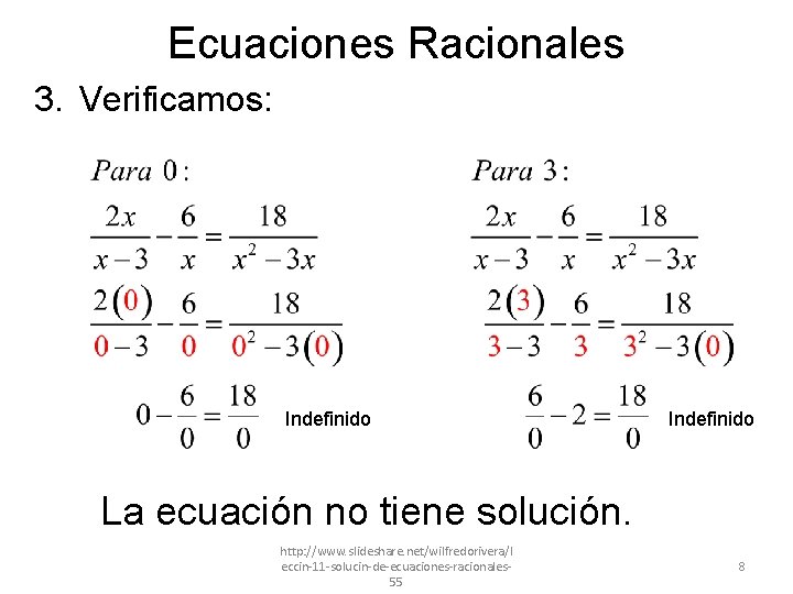 Ecuaciones Racionales 3. Verificamos: Indefinido La ecuación no tiene solución. http: //www. slideshare. net/wilfredorivera/l