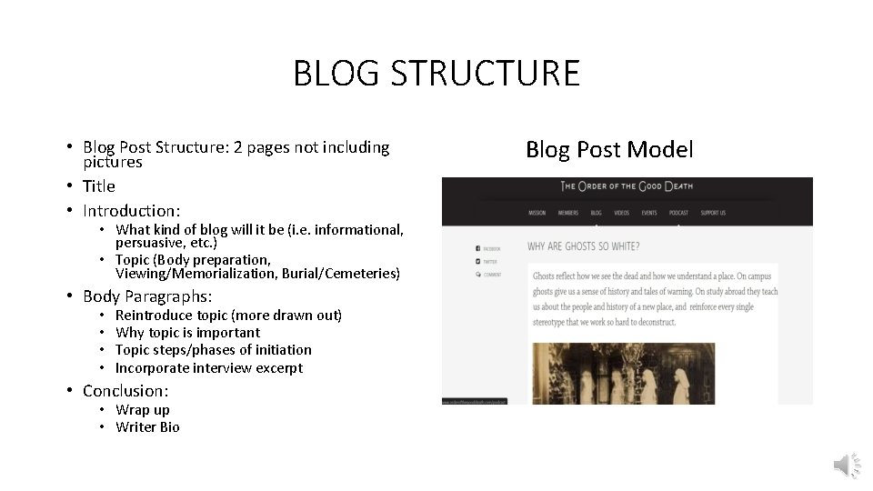 BLOG STRUCTURE • Blog Post Structure: 2 pages not including pictures • Title •