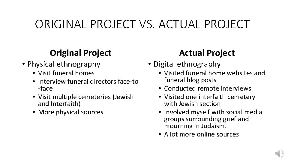 ORIGINAL PROJECT VS. ACTUAL PROJECT Original Project • Physical ethnography • Visit funeral homes