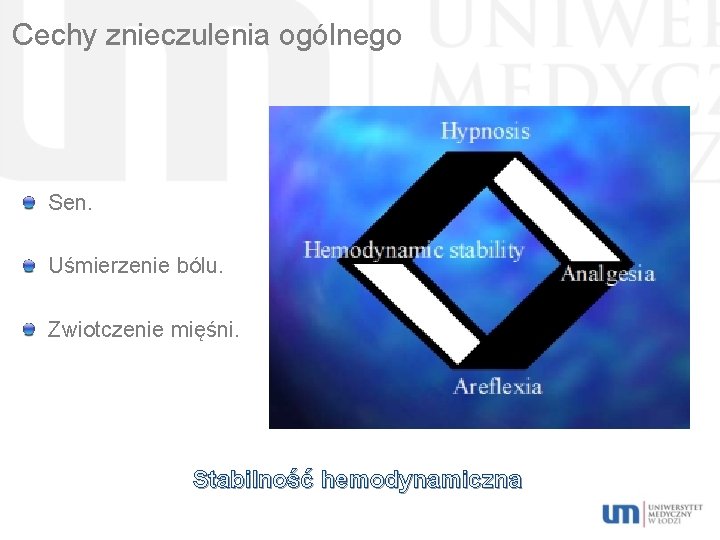 Cechy znieczulenia ogólnego Sen. Uśmierzenie bólu. Zwiotczenie mięśni. Stabilność hemodynamiczna 