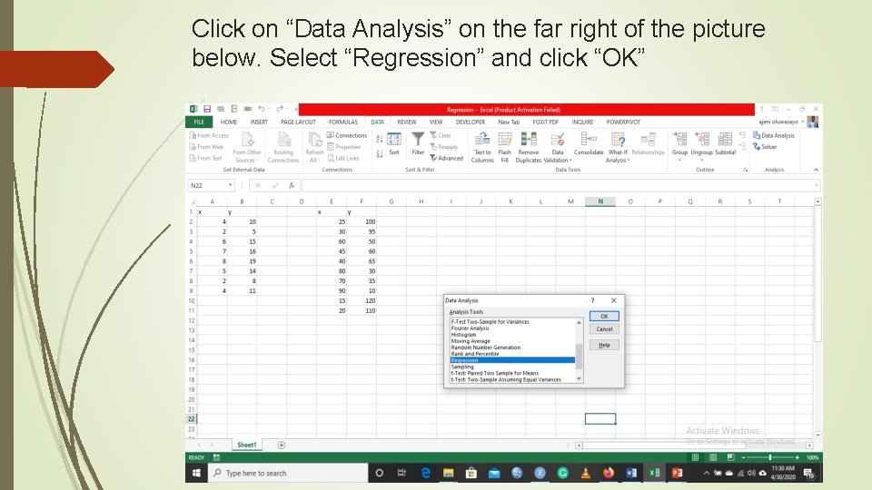 Click on “Data Analysis” on the far right of the picture below. Select “Regression”