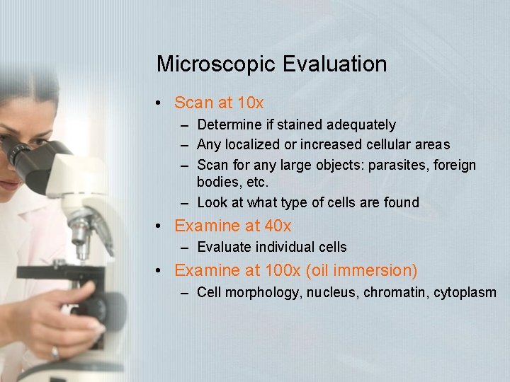 Microscopic Evaluation • Scan at 10 x – Determine if stained adequately – Any Microscopic Evaluation • Scan at 10 x – Determine if stained adequately – Any