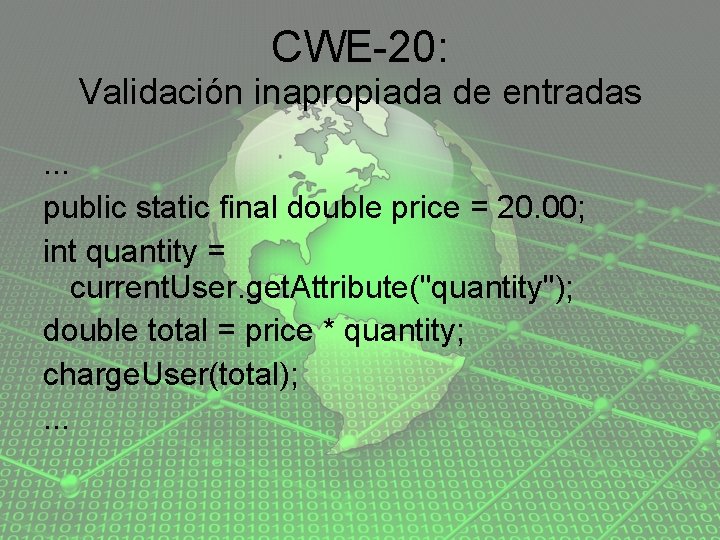 CWE-20: Validación inapropiada de entradas. . . public static final double price = 20.