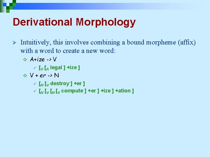 Derivational Morphology Ø Intuitively, this involves combining a bound morpheme (affix) with a word