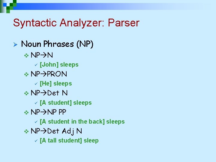 Syntactic Analyzer: Parser Ø Noun Phrases (NP) v NP N ü [John] sleeps v
