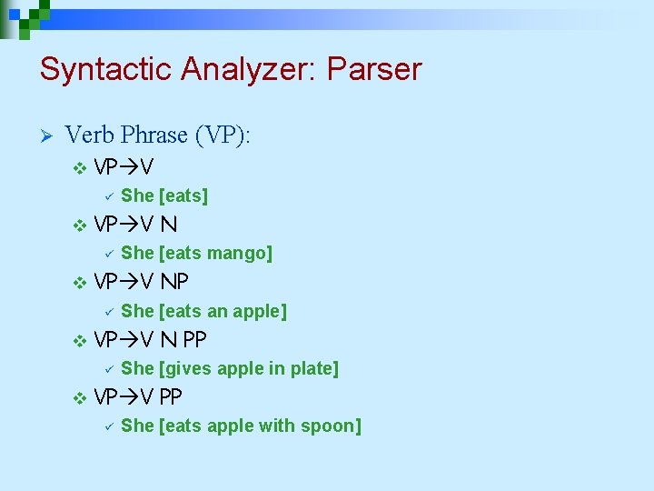 Syntactic Analyzer: Parser Ø Verb Phrase (VP): v VP V ü She [eats] v