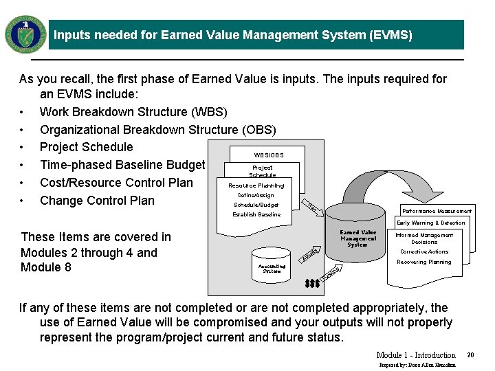 Inputs needed for Earned Value Management System (EVMS) As you recall, the first phase