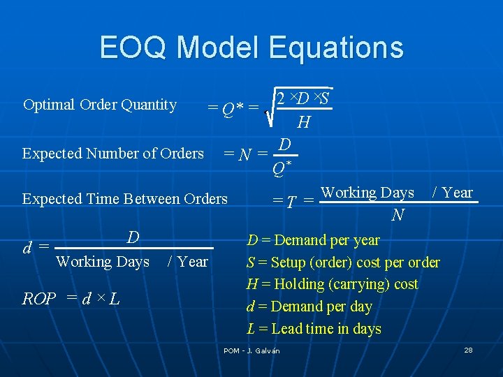 EOQ Model Equations 2 ×D ×S = Q* = H D Expected Number of