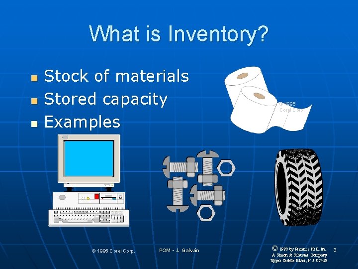 What is Inventory? n n n Stock of materials Stored capacity Examples © 1995