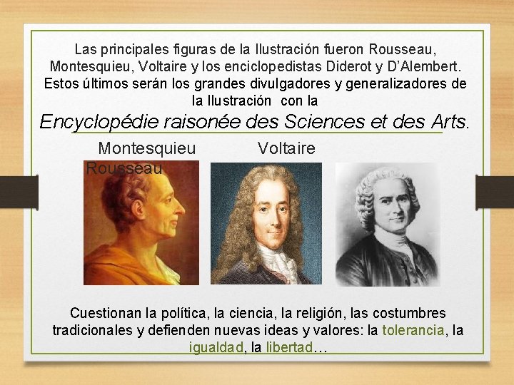 Las principales figuras de la Ilustración fueron Rousseau, Montesquieu, Voltaire y los enciclopedistas Diderot Las principales figuras de la Ilustración fueron Rousseau, Montesquieu, Voltaire y los enciclopedistas Diderot