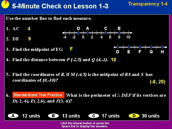 Transparency 1 -4 5 -Minute Check on Lesson 1 -3 Use the number line