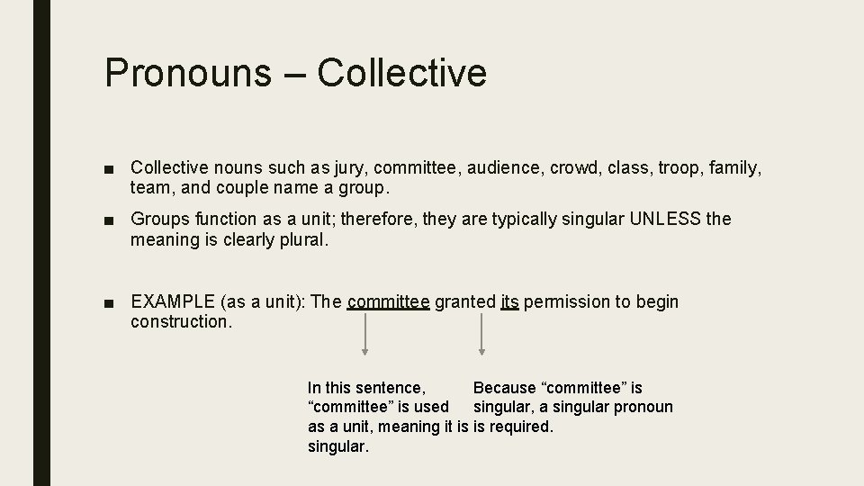 Pronouns – Collective ■ Collective nouns such as jury, committee, audience, crowd, class, troop,