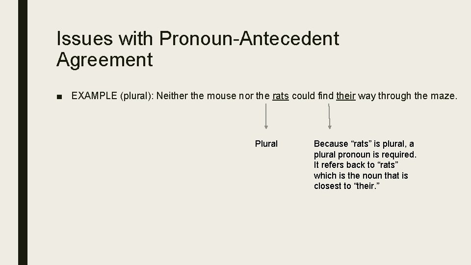 Issues with Pronoun-Antecedent Agreement ■ EXAMPLE (plural): Neither the mouse nor the rats could