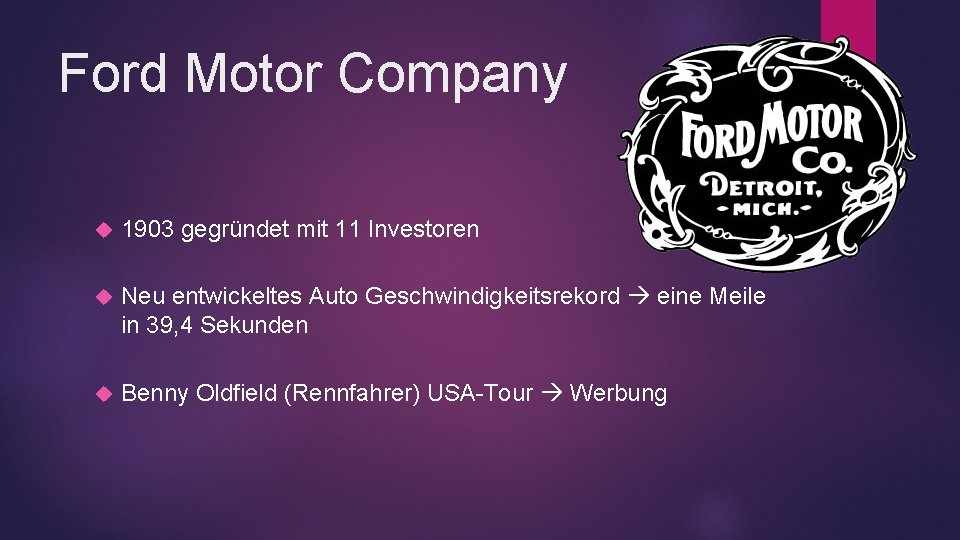 Ford Motor Company 1903 gegründet mit 11 Investoren Neu entwickeltes Auto Geschwindigkeitsrekord eine Meile