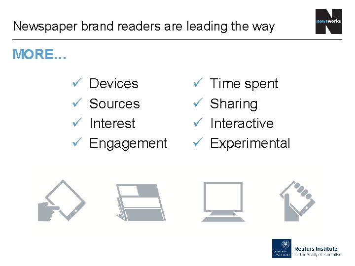 Newspaper brand readers are leading the way MORE… ü ü Devices Sources Interest Engagement