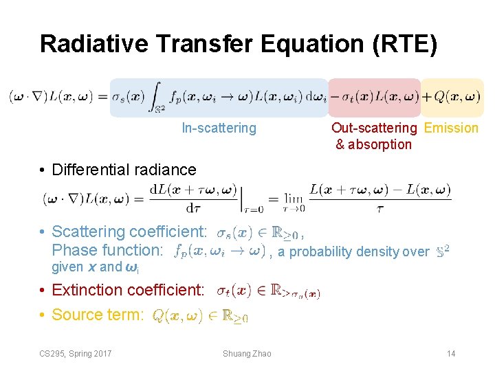 Radiative Transfer Equation (RTE) Out-scattering Emission & absorption In-scattering • Differential radiance • Scattering Radiative Transfer Equation (RTE) Out-scattering Emission & absorption In-scattering • Differential radiance • Scattering