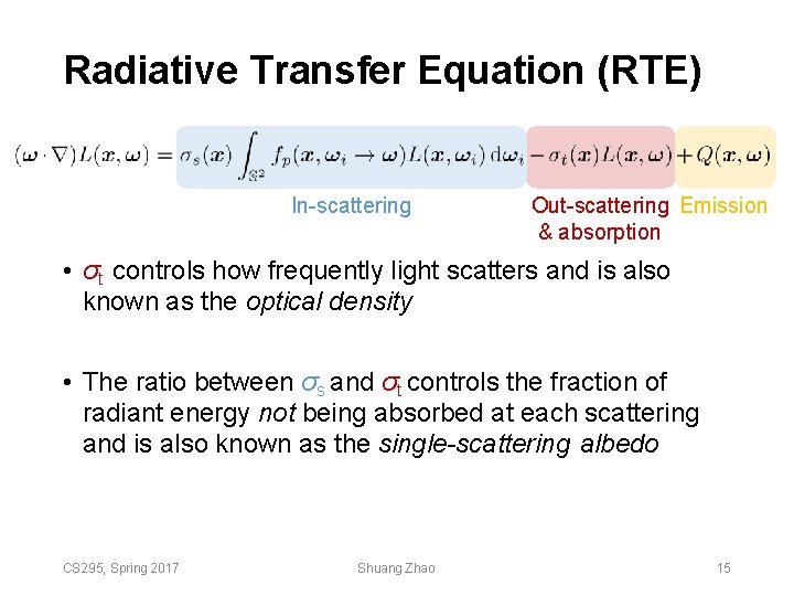 Radiative Transfer Equation (RTE) In-scattering Out-scattering Emission & absorption • σt controls how frequently Radiative Transfer Equation (RTE) In-scattering Out-scattering Emission & absorption • σt controls how frequently