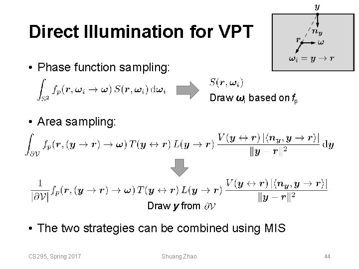 Direct Illumination for VPT • Phase function sampling: Draw ωi based on fp • Direct Illumination for VPT • Phase function sampling: Draw ωi based on fp •
